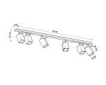 Czarna lampa sufitowa Merida, 6-punktowa, o wymiarach 118 cm długości, 16 cm szerokości i 5 cm wysokości. Spoty w kształcie sześcianów, zawieszone na prostokątnej listwie, z możliwością regulacji kąta świecenia.