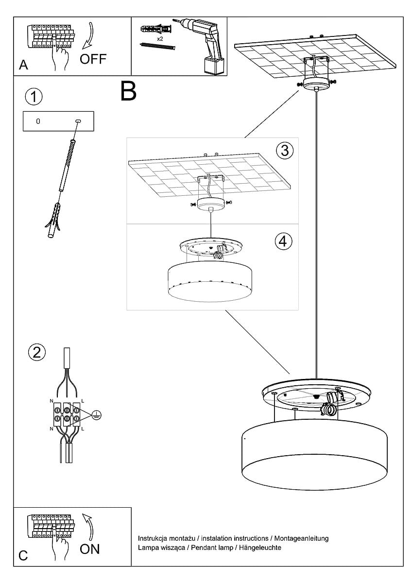 Lampa wisząca Arena 35, czarna, 2-punktowa. Posiada okrągły klosz z matowego materiału, zawieszona na cienkim kablu. Widoczny uchwyt montażowy na suficie oraz instrukcja montażu w tle. Idealna do nowoczesnych wnętrz.