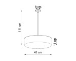 Lampa wisząca Arena 45 w kolorze białym, trzy punkty świetlne, okrągła oprawa o średnicy 45 cm i wysokości 11 cm, zawieszona na metalowym przewodzie o długości 111 cm. Montaż sufitowy.