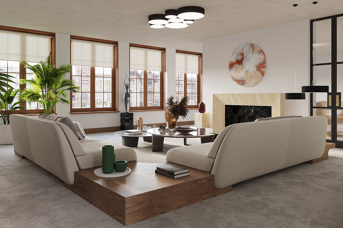 Lampa sufitowa Arena 25, czarna, 1-punktowa. Zawieszona na suficie w nowoczesnym wnętrzu, składa się z kilku okrągłych elementów emitujących światło. Otoczenie z jasnymi oknami, sofą oraz roślinami, na neutralnym tle podkreślającym design.