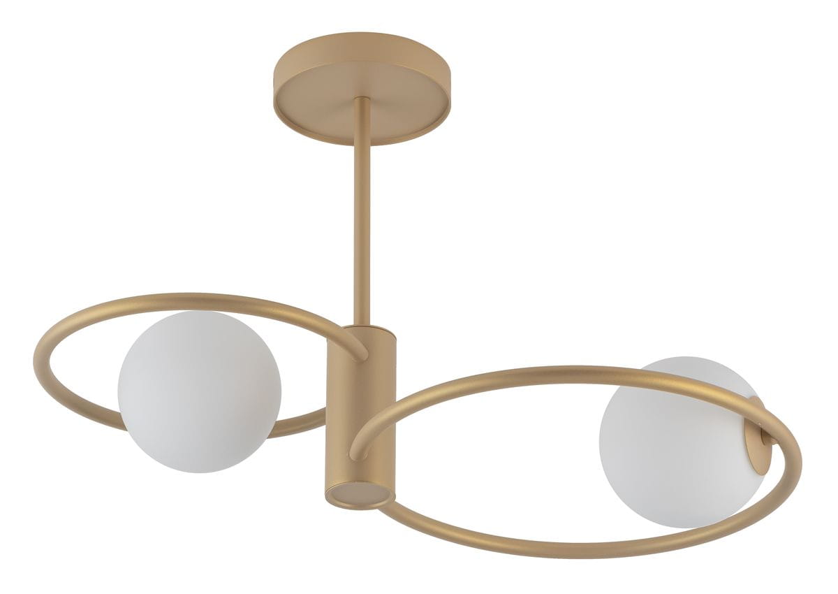Lampa wisząca Aqua 2-punktowa w kolorze złotym, z dwiema mlecznymi kulami. Metalowa konstrukcja z dwoma okrągłymi ramionami, wisząca z sufitu. Frontalne ujęcie podkreślające nowoczesny design i minimalistyczny styl.