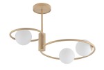 Lampa wisząca Aqua w kolorze złotym z trzema białymi kulami. Posiada okrągłe metalowe ramiona, które tworzą nowoczesny design. Ujęcie z dołu, pokazujące całą konstrukcję, zamontowaną na suficie. Idealna do aranżacji wnętrz.