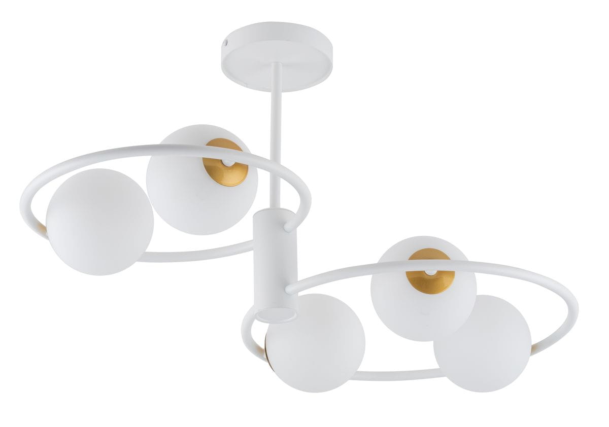 Lampa wisząca Aqua 5-punktowa w kolorze białym i złotym. Posiada pięć okrągłych kloszy z matowego szkła na złotych podstawach, umieszczonych na białej, okrągłej konstrukcji. Produkt zawieszony pod sufitem.