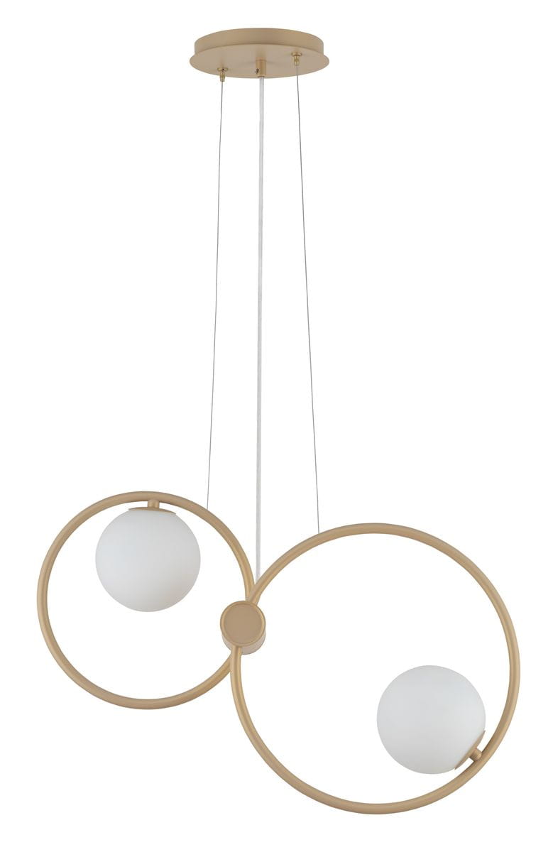 Lampa wisząca Aqua 2-punktowa w kolorze złotym, z dwoma białymi, okrągłymi kloszami. Produkt zawieszony na cienkich linkach, z okrągłą podsufitką. W nowoczesnym stylu, idealny do aranżacji wnętrz.