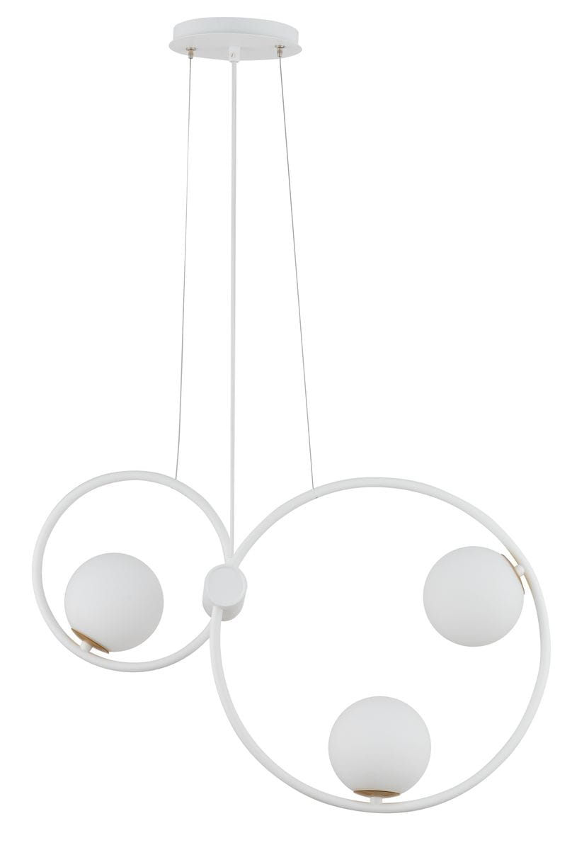 Lampa wisząca Aqua 3-punktowa w kolorze białym z złotymi akcentami. Konstrukcja z okrągłych, białych kloszy na złotych podstawach. Ujęcie frontalne, zawieszona na cienkich linkach, idealna do nowoczesnych wnętrz.
