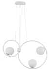 Lampa wisząca Aqua 3-punktowa w kolorze białym z złotymi akcentami. Konstrukcja z okrągłych, białych kloszy na złotych podstawach. Ujęcie frontalne, zawieszona na cienkich linkach, idealna do nowoczesnych wnętrz.