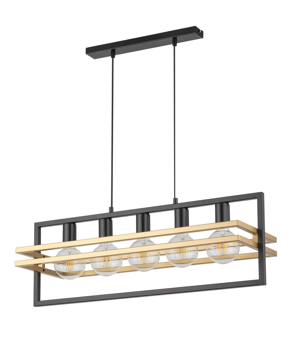 Lampa wisząca Merci w kolorze czarnym i złotym, z pięcioma okrągłymi żarówkami, zawieszona na cienkich linkach. Prostokątna konstrukcja z metalowym stelażem, z widocznym złotym detalem na dolnej części.