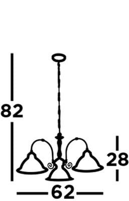 Lampa wisząca American Diner w satynowym srebrze, 3-punktowa. Wymiary: wysokość 82 cm, szerokość 62 cm, głębokość 28 cm. Stylowy design z trzema kloszami i ozdobnymi detalami.