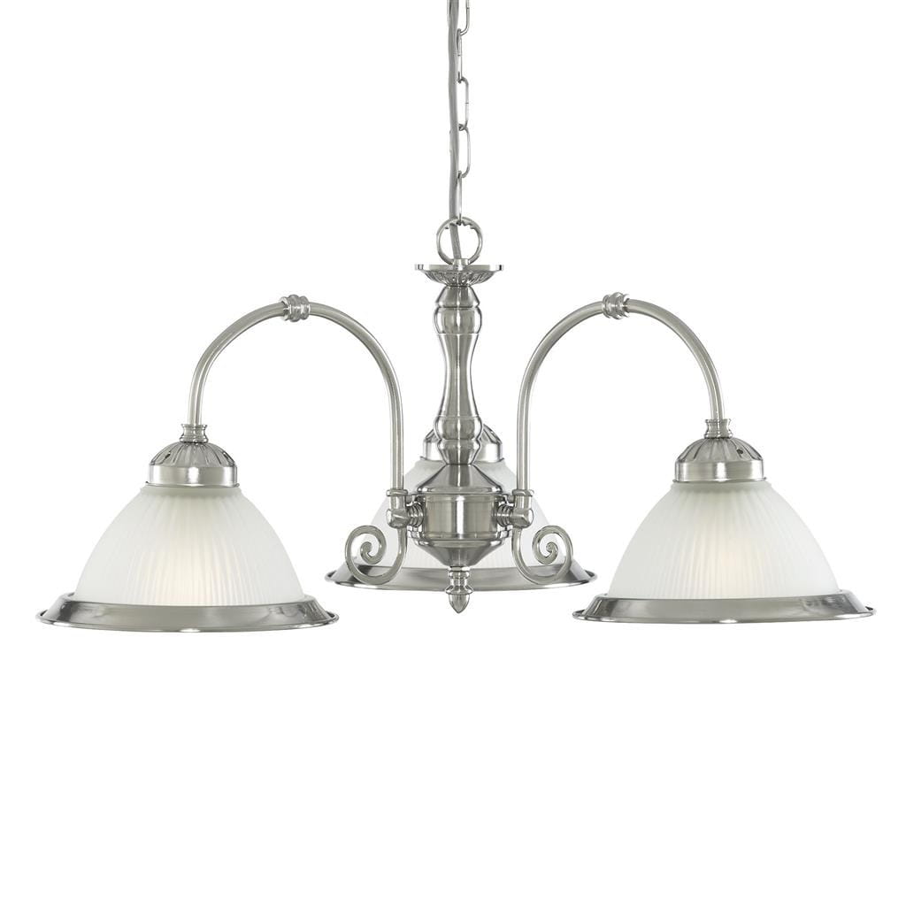 Lampa wisząca American Diner w satynowym srebrze, z trzema kloszami w kształcie misek z białego szkła. Klosze mają teksturowaną powierzchnię, a całość zawieszona jest na łańcuchu, z eleganckimi detalami w centralnej części.