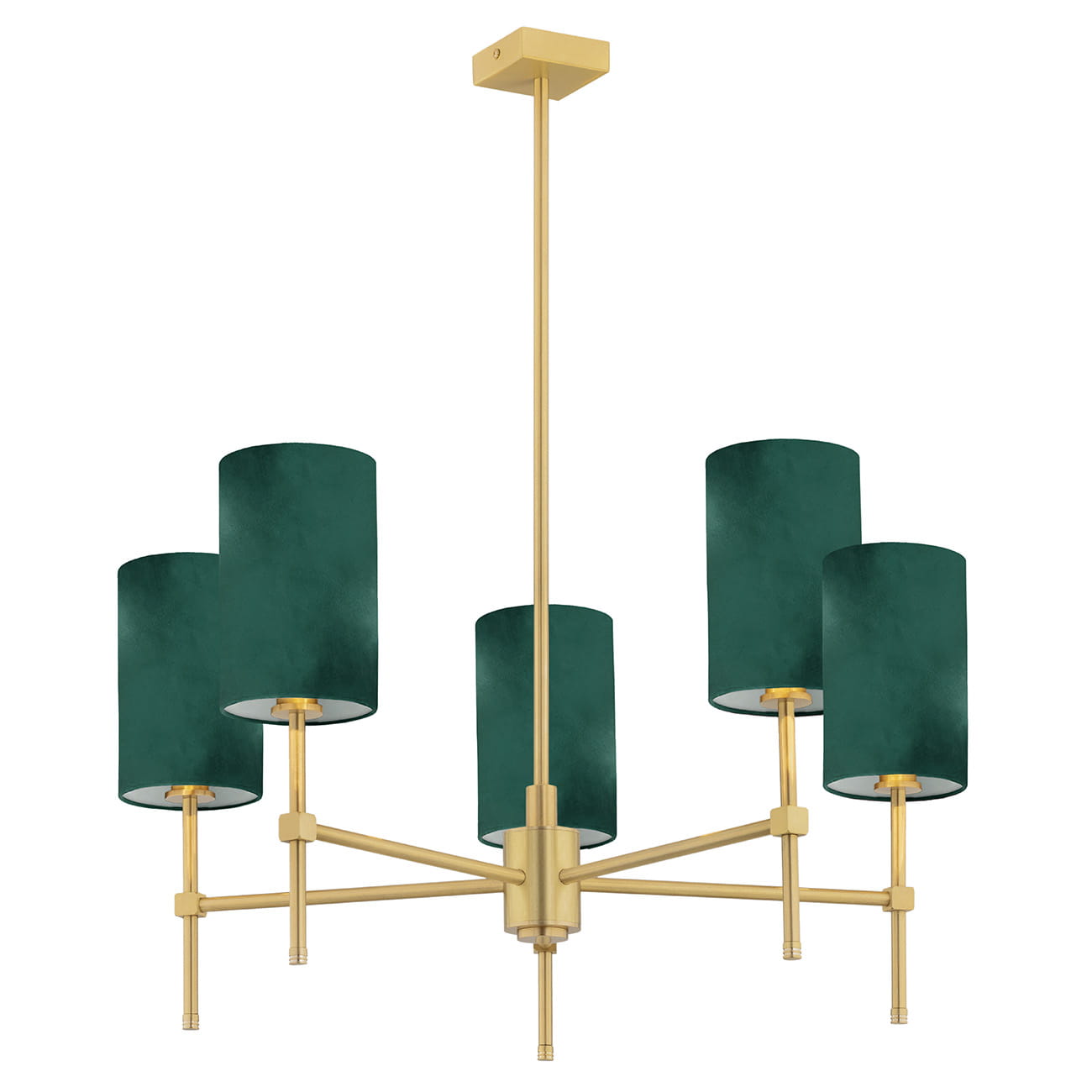 Lampa wisząca Abruzzo 5-punktowa w kolorze zielonym z metalowymi, złotymi elementami. Posiada pięć cylindrycznych kloszy, umieszczonych na równoległych ramionach, zawieszona na prostym stelażu.