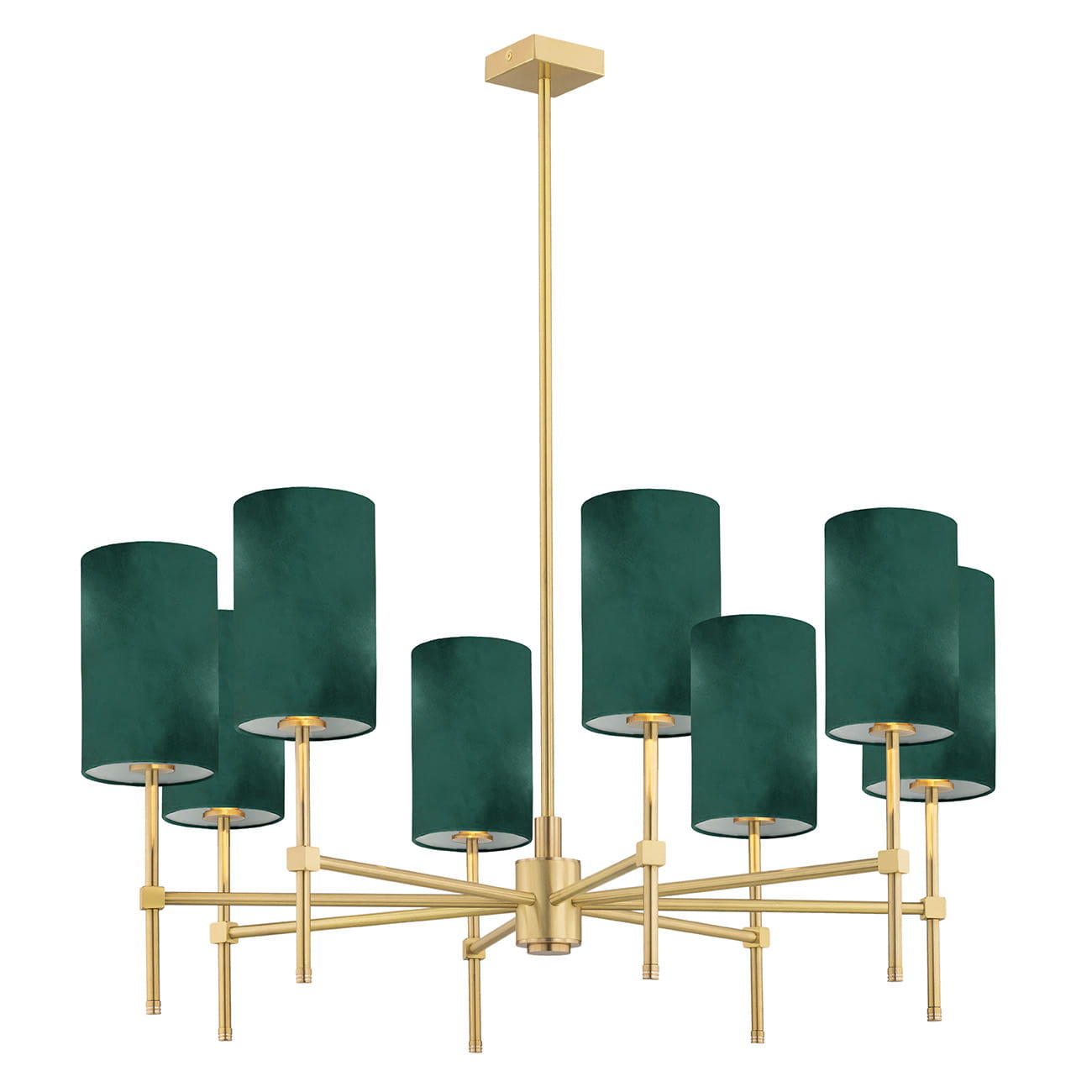 Lampa wisząca Abruzzo 8-punktowa w kolorze zielonym z metalowymi ramionami w złotym odcieniu. Posiada osiem cylindrycznych kloszy z materiału, zawieszona na długim przewodzie. Klosze rozmieszczone symetrycznie, stojące na metalowej podstawie.