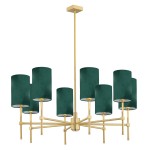 Lampa wisząca Abruzzo 8-punktowa w kolorze zielonym z metalowymi ramionami w złotym odcieniu. Posiada osiem cylindrycznych kloszy z materiału, zawieszona na długim przewodzie. Klosze rozmieszczone symetrycznie, stojące na metalowej podstawie.
