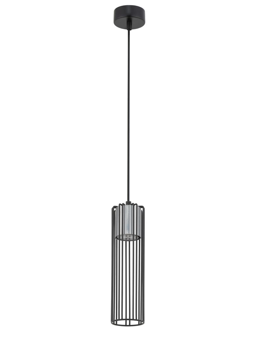Lampa wisząca Fobia 1-punktowa w kolorze czarnym i srebrnym, o cylindrycznym kształcie z metalowymi prętami, zawieszona na cienkim przewodzie. Widoczny przezroczysty klosz wewnętrzny. Montaż sufitowy, ustawiona w pionie. Tło białe.