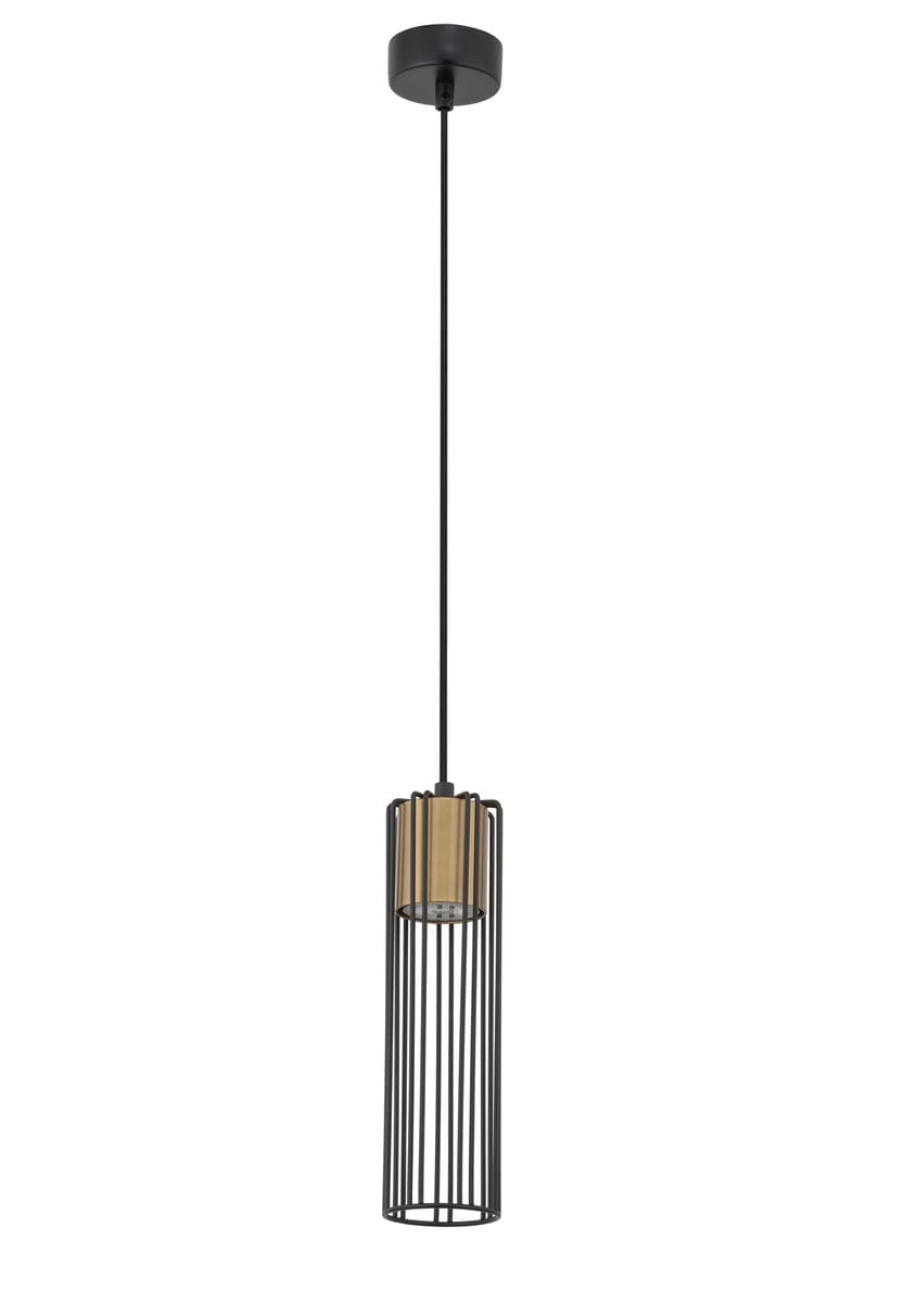 Lampa wisząca Fobia, 1-punktowa, w kolorze czarnym z złotymi akcentami. Posiada metalowy klosz w formie cylindrycznej siatki, zawieszona na cienkim przewodzie. Widoczna złota oprawa żarówki wewnątrz klosza. Ujęcie z przodu, na białym tle.
