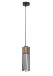 Lampa wisząca Fobia, 1-punktowa, w kolorze czarnym z złotymi akcentami. Posiada metalowy klosz w formie cylindrycznej siatki, zawieszona na cienkim przewodzie. Widoczna złota oprawa żarówki wewnątrz klosza. Ujęcie z przodu, na białym tle.