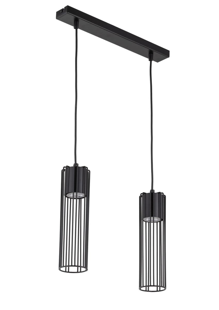 Czarna lampa wisząca Fobia z dwoma punktami świetlnymi, zawieszona na prostokątnej, czarnej podsufitce. Główne elementy to cylindryczne klosze z metalowymi prętami, zapewniające nowoczesny wygląd. Długość przewodów umożliwia regulację wysokości.