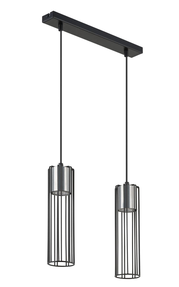 Lampa wisząca Fobia 2-punktowa w kolorze czarnym i srebrnym. Składa się z dwóch cylindrycznych kloszy z metalową siatką, zawieszonych na cienkich linkach. Montaż do sufitu, z prostokątną podstawą w kolorze czarnym.