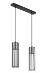 Lampa wisząca Fobia 2-punktowa w kolorze czarnym i srebrnym. Składa się z dwóch cylindrycznych kloszy z metalową siatką, zawieszonych na cienkich linkach. Montaż do sufitu, z prostokątną podstawą w kolorze czarnym.