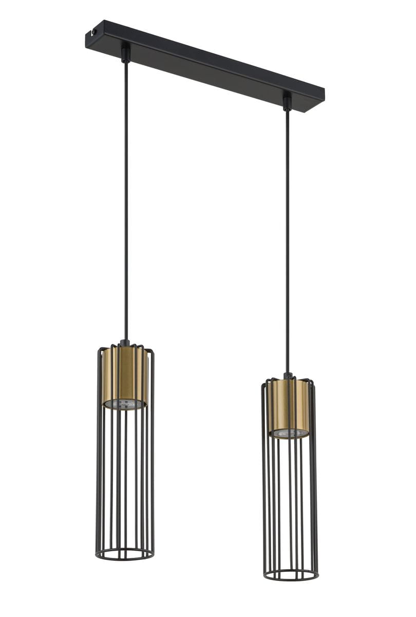 Lampa wisząca Fobia 2-punktowa w kolorze czarnym i złotym. Dwa cylindryczne klosze z metalowymi, pionowymi prętami, zawieszone na czarnym stelażu. Ujęcie z przodu, podkreślające elegancki design i kontrastujące kolory.