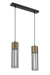 Lampa wisząca Fobia 2-punktowa w kolorze czarnym i złotym. Dwa cylindryczne klosze z metalowymi, pionowymi prętami, zawieszone na czarnym stelażu. Ujęcie z przodu, podkreślające elegancki design i kontrastujące kolory.