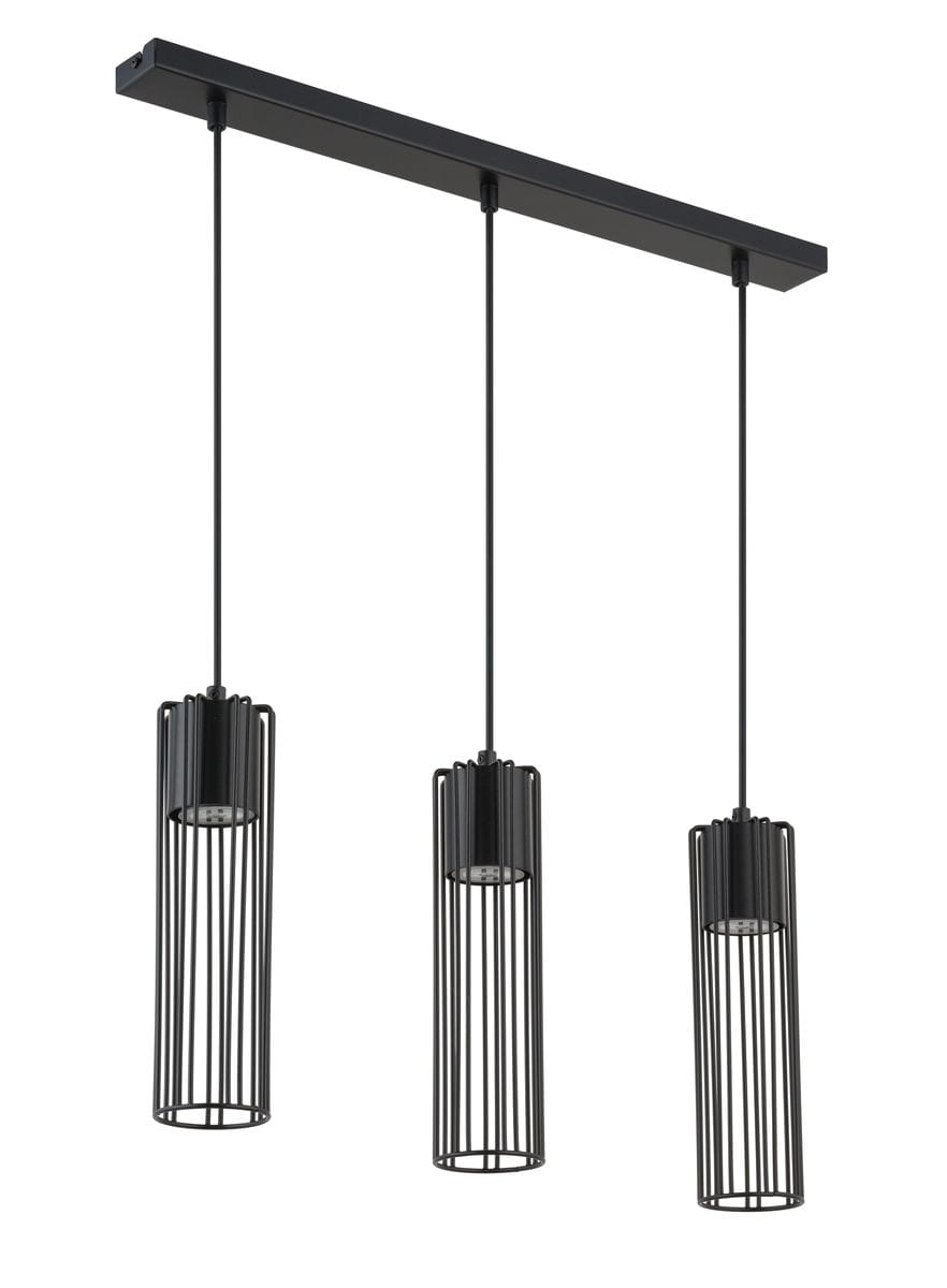 Lampa wisząca Fobia 3-punktowa w kolorze czarnym, z trzema cylindrycznymi kloszami o metalowej konstrukcji z poziomymi szczelinami. Ujęcie frontalne, zawieszona na cienkich linkach, montowana do sufitu. Idealna do nowoczesnych wnętrz.