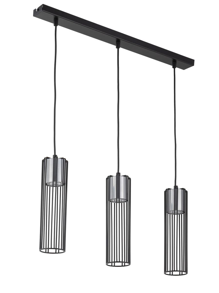 Lampa wisząca Fobia 3-punktowa w kolorze czarnym i srebrnym, z trzema cylindrycznymi kloszami z metalowych prętów. Umożliwia zawieszenie na długich przewodach, montowana na prostokątnej podstawie. Idealna do nowoczesnych wnętrz.