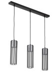 Lampa wisząca Fobia 3-punktowa w kolorze czarnym i srebrnym, z trzema cylindrycznymi kloszami z metalowych prętów. Umożliwia zawieszenie na długich przewodach, montowana na prostokątnej podstawie. Idealna do nowoczesnych wnętrz.