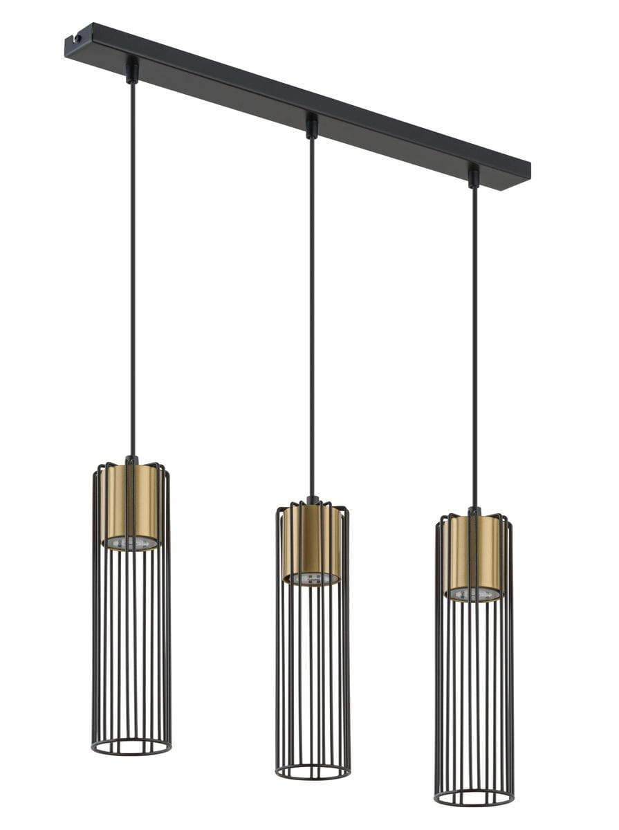 Lampa wisząca Fobia 3-punktowa w kolorze czarnym i złotym, z trzema cylindrycznymi kloszami o metalowej strukturze z prętami. Ujęcie z przodu, produkt zawieszony na czarnej listwie. Wymiary kloszy są średnie, a materiał to metal.