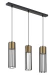 Lampa wisząca Fobia 3-punktowa w kolorze czarnym i złotym, z trzema cylindrycznymi kloszami o metalowej strukturze z prętami. Ujęcie z przodu, produkt zawieszony na czarnej listwie. Wymiary kloszy są średnie, a materiał to metal.