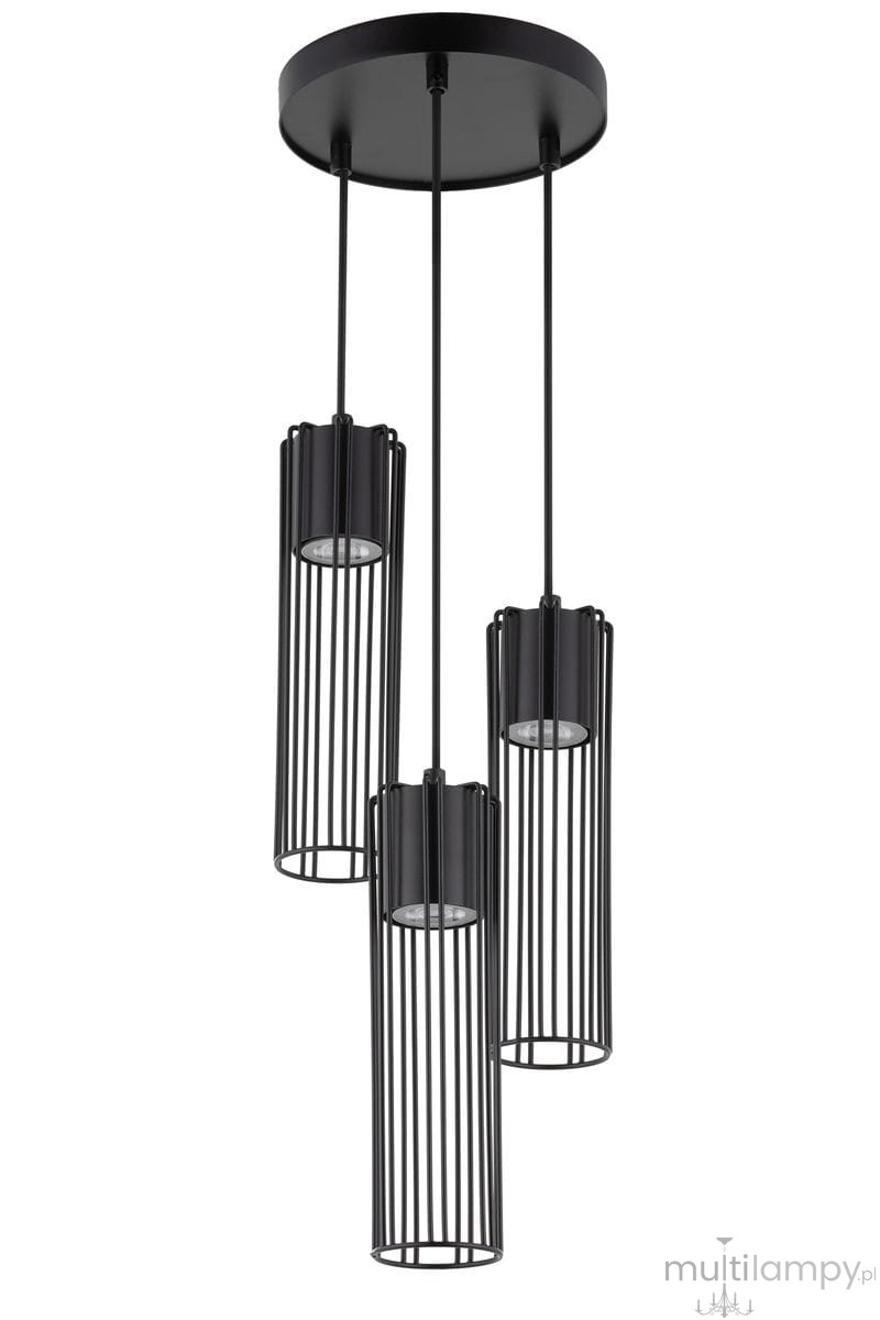 Lampa wisząca Fobia, 3-punktowa, w kolorze czarnym. Składa się z trzech cylindrycznych kloszy z metalowymi prętami, zawieszonych na długich linkach, montowana na okrągłej podstawie. Idealna do nowoczesnych wnętrz.