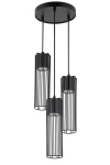 Lampa wisząca Fobia, 3-punktowa, w kolorze czarnym. Składa się z trzech cylindrycznych kloszy z metalowymi prętami, zawieszonych na długich linkach, montowana na okrągłej podstawie. Idealna do nowoczesnych wnętrz.