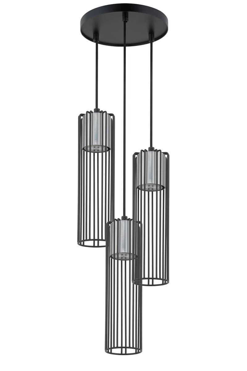 Lampa wisząca Fobia 3-punktowa, czarna z elementami srebrnymi. Składa się z trzech cylindrycznych kloszy z metalowymi szczelinami, zawieszonych na cienkich linkach. Ujęcie frontalne, produkt mocowany do sufitu.