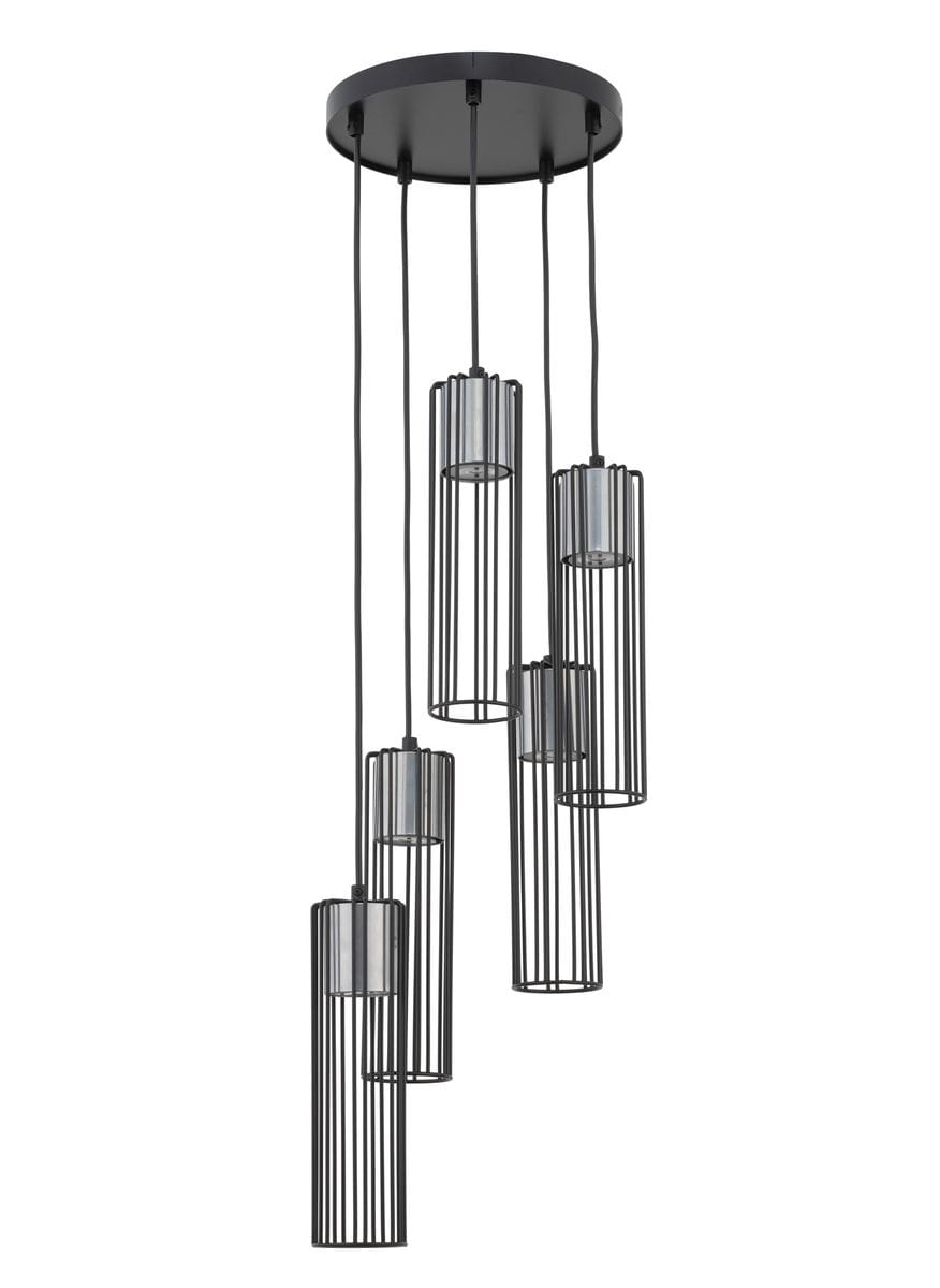 Lampa wisząca Fobia 5-punktowa w kolorze czarnym i srebrnym, składająca się z pięciu cylindrycznych kloszy z metalowymi prętami, zawieszona na długich, cienkich linkach z sufitu. Klosze mają przezroczyste wnętrza, co podkreśla nowoczesny design.