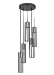 Lampa wisząca Fobia 5-punktowa w kolorze czarnym i srebrnym, składająca się z pięciu cylindrycznych kloszy z metalowymi prętami, zawieszona na długich, cienkich linkach z sufitu. Klosze mają przezroczyste wnętrza, co podkreśla nowoczesny design.