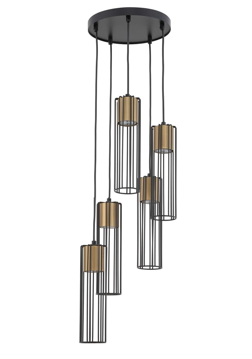 Lampa wisząca Fobia 5-punktowa w kolorze czarnym i złotym, z pięcioma cylindrycznymi kloszami w metalowej osłonie, zawieszona na cienkich kablach, montowana na okrągłej podsufitce. Klosze mają minimalistyczny design.