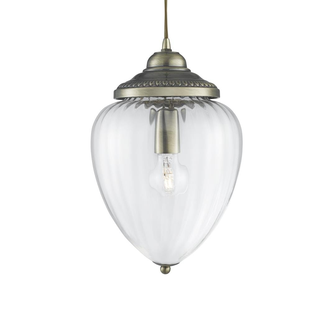 Lampa wisząca Moscow 1-punktowa w antycznym mosiądzu z przezroczystym kloszem o kształcie owalu. Zawieszona na cienkim przewodzie, z widoczną żarówką w centralnej części. Klosz z delikatnymi żłobieniami, na prostym tle.