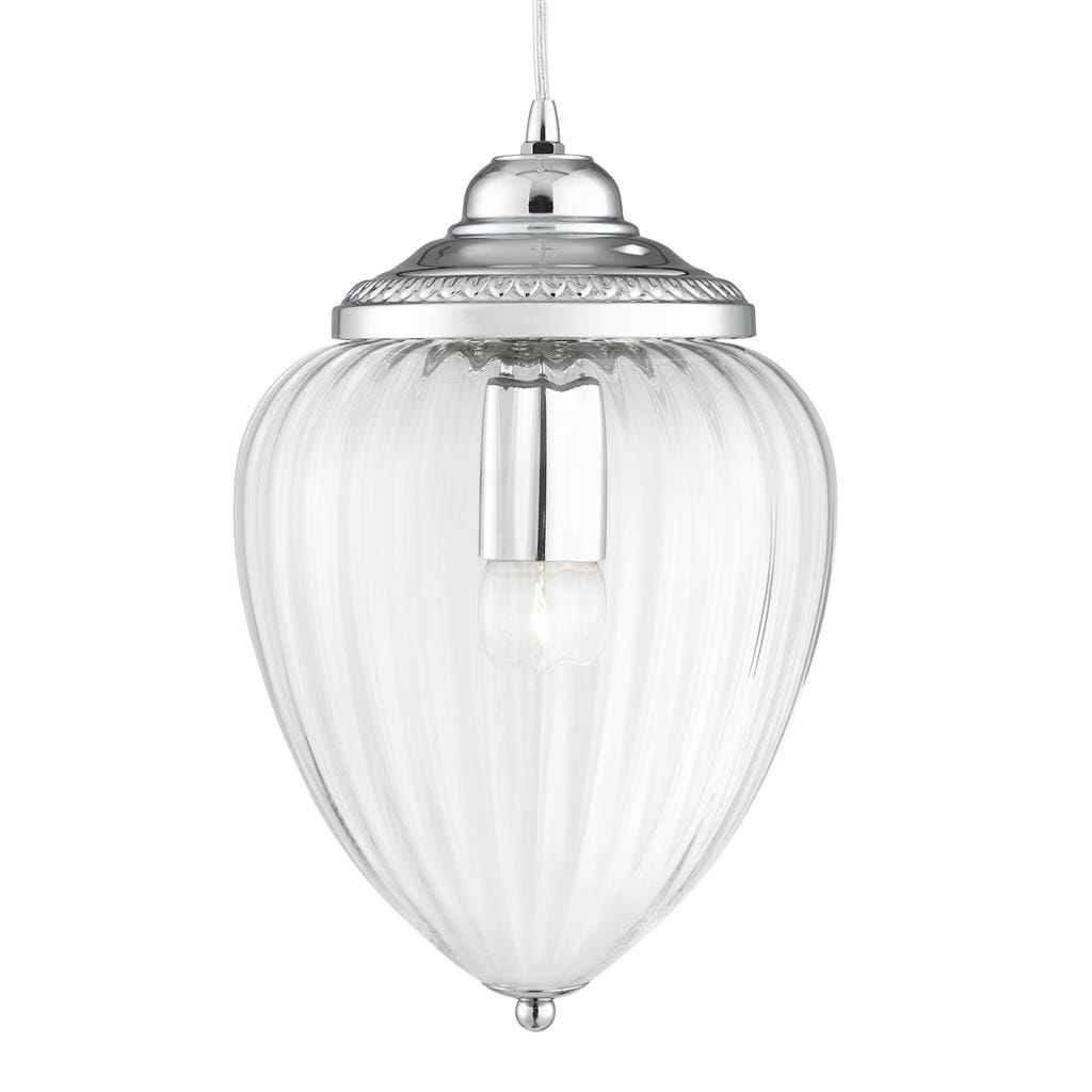 Lampa wisząca Moscow 1-punktowa w chromowanej oprawie, z przezroczystym szklanym kloszem w kształcie odwróconego stożka z delikatnym żłobieniem. Zawieszona na cienkim przewodzie, idealna do nowoczesnych wnętrz.