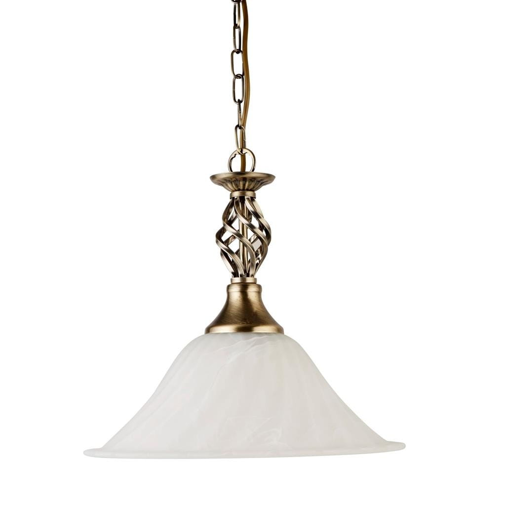 Lampa wisząca Cameroon 1-punktowa w kolorze antycznego mosiądzu. Szklany klosz w kształcie dzwonu o białej, teksturowanej powierzchni, ozdobny metalowy uchwyt z spiralnym wzorem, zawieszona na łańcuszku.