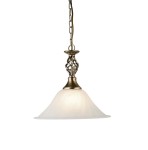 Lampa wisząca Cameroon 1-punktowa w antycznym mosiądzu. Szklany klosz o delikatnym kształcie, z dekoracyjnym elementem na górze. Długa, metalowa zawieszenie w formie łańcucha. Idealna do aranżacji wnętrz.