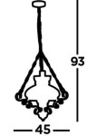 Lampa wisząca 1-punktowa w rustykalnym brązie, o wysokości 93 cm i średnicy 45 cm. Kształt klasyczny, z dekoracyjnymi detalami. Ujęcie frontalne, produkt zawieszony na długim kablu.