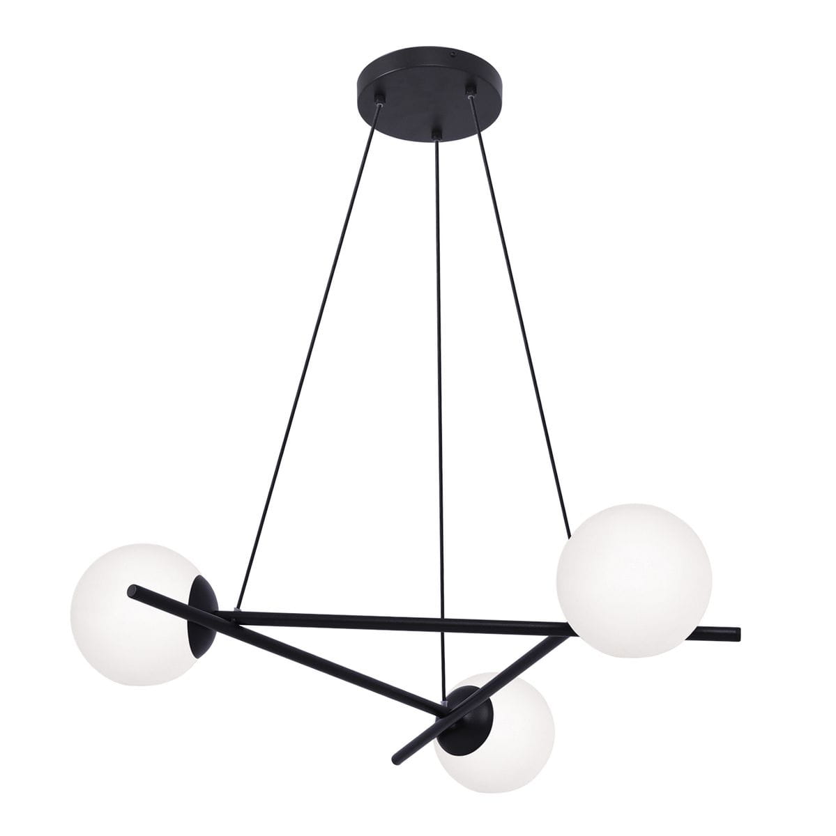 Lampa wisząca Arton 3-punktowa w kolorze czarnym. Posiada trzy białe, okrągłe klosze zawieszone na cienkich linkach, w układzie asymetrycznym. Montowana do sufitu, idealna do nowoczesnych wnętrz.