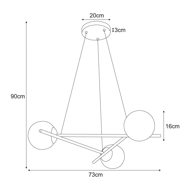 Czarna lampa wisząca Arton K-4966 z trzema źródłami światła. Okrągły, metalowy stelaż o wymiarach 73 cm długości i 90 cm wysokości, z trójwymiarowymi kulami o średnicy 16 cm. Ujęcie frontalne, z widocznymi detalami konstrukcyjnymi.