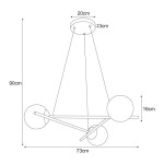 Czarna lampa wisząca Arton K-4966 z trzema źródłami światła. Okrągły, metalowy stelaż o wymiarach 73 cm długości i 90 cm wysokości, z trójwymiarowymi kulami o średnicy 16 cm. Ujęcie frontalne, z widocznymi detalami konstrukcyjnymi.