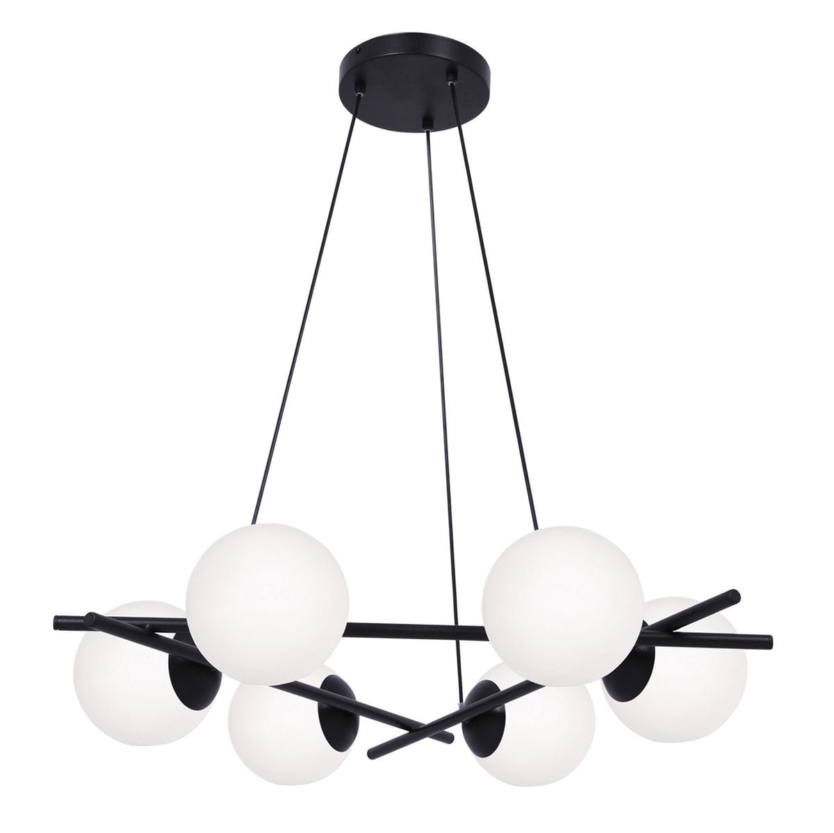 Lampa wisząca Arton 6-punktowa w kolorze czarnym z sześcioma kulistymi kloszami z białego szkła, umiejscowiona na czarnym stelażu. Produkt zawieszony na dwóch cienkich linkach, z widocznym okrągłym mocowaniem sufitowym.