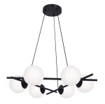 Lampa wisząca Arton 6-punktowa w kolorze czarnym z sześcioma kulistymi kloszami z białego szkła, umiejscowiona na czarnym stelażu. Produkt zawieszony na dwóch cienkich linkach, z widocznym okrągłym mocowaniem sufitowym.