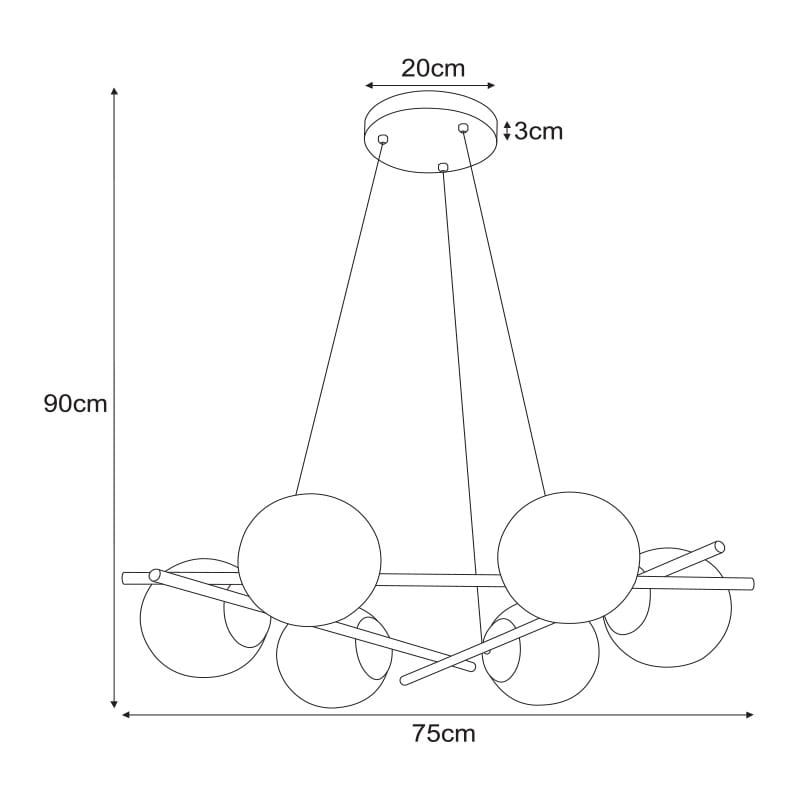 Lampa wisząca Arton 6-punktowa w kolorze czarnym, z okrągłymi kloszami, zawieszona na trzech linkach. Wymiary: średnica 75 cm, wysokość 90 cm, średnica podstawy 20 cm. Modernistyczny design z minimalistycznymi detalami.