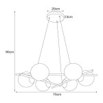 Lampa wisząca Arton 6-punktowa w kolorze czarnym, z okrągłymi kloszami, zawieszona na trzech linkach. Wymiary: średnica 75 cm, wysokość 90 cm, średnica podstawy 20 cm. Modernistyczny design z minimalistycznymi detalami.