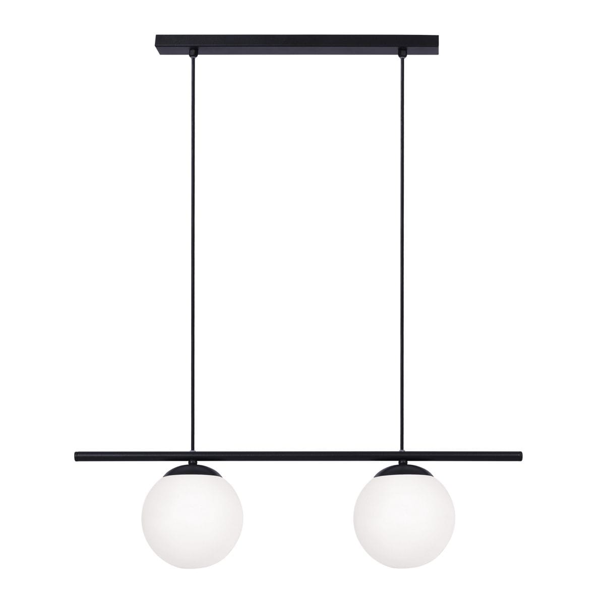 Czarna lampa wisząca Arton K-4965 z dwoma okrągłymi kloszami z białego szkła. Lampa zawieszona na cienkich linkach, z prostokątną podstawą. Prosty, nowoczesny design, idealna do różnych wnętrz.