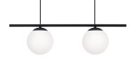 Lampa wisząca Arton 2-punktowa z czarnym metalowym stelażem i dwoma okrągłymi, białymi kloszami. Ujęcie frontalne, zawieszona na dwóch linkach, z poziomą rurką w górnej części. Elegancki design pasujący do nowoczesnych wnętrz.