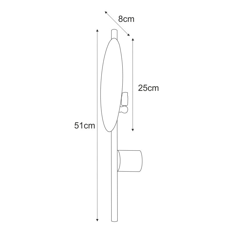Czarny kinkiet 1-punktowy Rega K-4637, o wymiarach 51 cm wysokości, 25 cm długości i 8 cm szerokości. Prosty, nowoczesny design z okrągłą podstawą i przyciskiem włączającym. Idealny do oświetlenia ściennego.